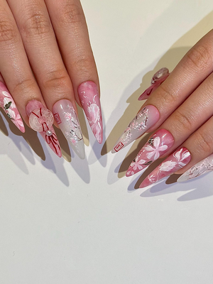 Pink Blossom Press On Nails | Pink Jelly Floral Nails | Asian Flower Nails | Romantic Spring Nails | Handmade Stiletto Press Ons | OB312HC