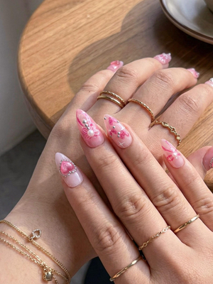 Press On Nails with Pink Ribbon & Heart Charm Design, Handmade Long Glossy Fake Nails for Romantic Coquette Look or Aesthetic Statement Nails | OB279