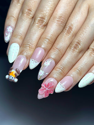 Soft Pink Mokey Press On Nails | Cute Bow & Daisy Nail Art | Kawaii Nails | Elegant Spring Nail Design| Handmade Romantic Press Ons| OC329HC
