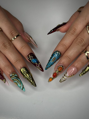 Colorful 3D Texture Press On Nails | 3D Gemstone Royalty Nail Art | Handmade Luxury Statement Nails | Elegant Fantasy Nail Set | OB148HK