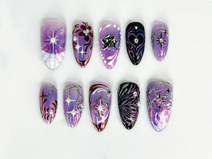 Galaxy Glitter Purple Press On Nails | Galaxy Star Nail Art | Metallic Purple Nails | Elegant Nail Set | Holographic Star Nails | OB671HC