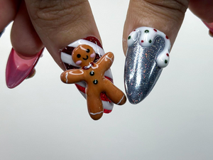 Gingerbread Red Christmas Press On Nails | 3D Christmas Cookie Nail | Peppermint & Snowman Holiday Nails| Red Glitter Festive Nails |OB216HC