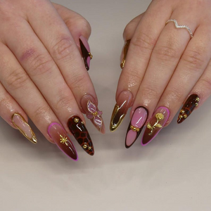 Golden Rose Luxe Press On Nails | Pink & Brown Glam Nail Art | 3D Bow And Rose Accents | Handmade Luxury Stiletto Nails | OB185EK