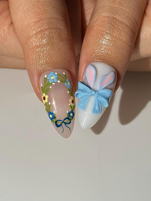 Easter Bunny Blue Press On Nails | 3D Rabbit Nail Art | Delft Blue Floral Nails | Cute Spring Easter Nail Set| Handmade Press Ons | OB1300HC