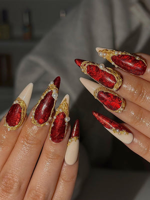 Red Chrome Luxury Press On Nails | Gold Frame Pearl Nail Art | Elegant Burgundy Stiletto Nails | Baroque Glam Nail Design | OC1305HC
