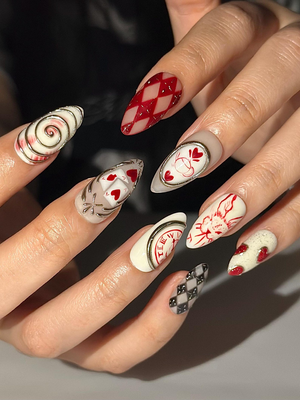 Alice Wonderland Easter Press On Nails | Playing Card Heart Nails | Red White Nails | Fantasy Swirl Set | Handmade Press Ons | OB1295HC