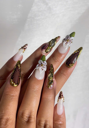 Autumn Gemstone Bloom Press On Nails | Fall Burgundy and Green Nail Art | 3D Flower & Crystal Accents | Baroque Autumn Design | OC1094EC