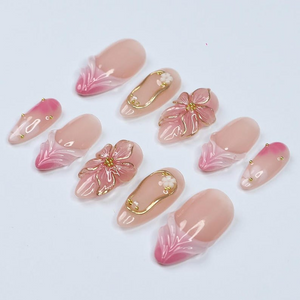 Blush Bloom Elegance Press On Nails with 3D Floral Accents| Gold Details & Pink Ombre| Suitable for Wedding| Events or Gift for Her OC828LK