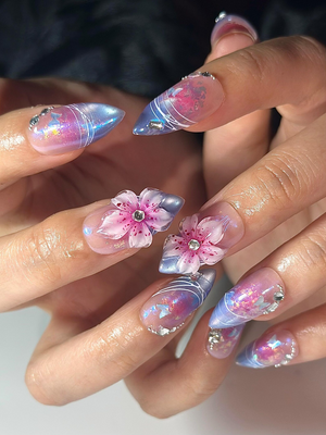 Aurora Galaxy Floral Press On Nails | Iridescent Chrome Stiletto Nails | 3D Sakura Flower Nails | Fantasy Butterfly Nail Art | OB1044HC