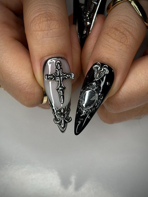 Gothic Silver Sword Press On Nails | 3D Cross & Dagger Nail Art | Handmade Dark Fantasy Nails | Medieval Armor Inspired Press Ons | OB159HK