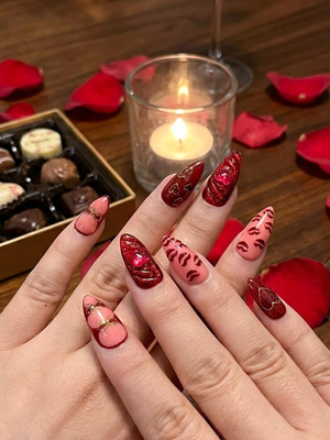 Ruby Kiss Valentine Press On Nails | 3D Heart Valentine Long Nails | Red Pink Ribbon Nail Art | Luxury Love Statement Set | OB273EC