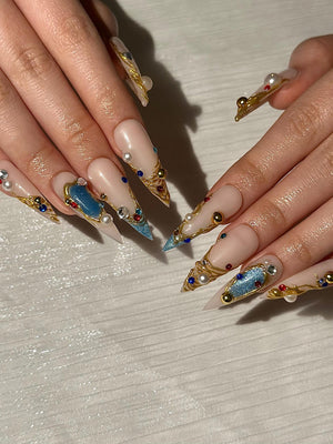 Luxury 3D Jewelry Press On Nails, Gold Filigree and Blue Gemstone False Nails, Royal Core Stiletto Nails for Gala or Wedding | OB1022HC