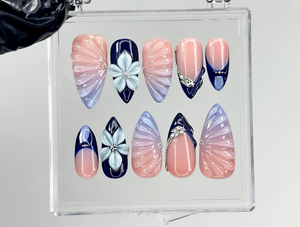 Midnight Blossom Spring Press On Nails | Navy Floral Ombré Nail Art | Luxury Floral Blue Nails Set | Elegant Blush Ombre Nails | OC1240EC