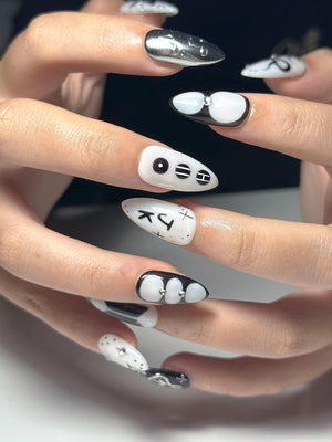 JungKook Inspired Black & White Nails | Kpop JK Solo Era Press Ons | Y2K Star and Bow Nails | Musical Note Gothic Press Ons | OC364IK