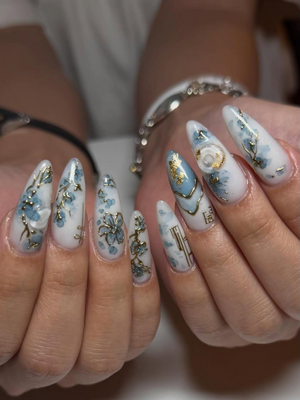 Blue Bloom Elegant Press On Nails | Chinese Luxury Floral Nails | Gold Wire Stiletto Nails | Clear Luxury Art Press Ons | OC299EC
