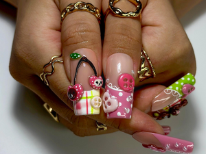 Kawaii Bear Candy Press On Nails | 3D Cute Apple Cherry Nail Art | Pastel Pink Green Y2K Vibes | Cartoon Dessert-Inspired Nails | OB986EC