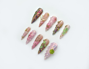 Enchanted Garden Fantasy Press On Nails | 3D Floral Nail Art | Iridescent Pink Luxury Nails | Handmade Long Sculpted Nails | OB190EC