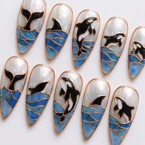Ocean Press On Nails Summer, Shark and Orca Nail Art Handmade Marine Life Nails Coastal Stiletto Nail Set | OB419L