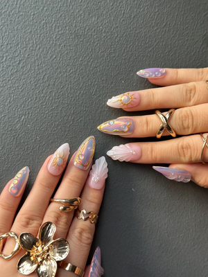 Iridescent Sunshine Press On Nails | Golden Sun Nail Art | Sunshine & Waves with Gold Accents | Handmade Unique Nail Set | OB1098HC