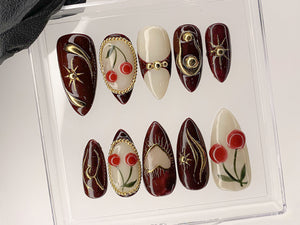 Luxury Red Cherry Press On Nails | Vibrant Luxurious Hand-Painted Star, Bow Acrylic Nail Art | Holiday, Christmas Kawaii Nails | OC551AL