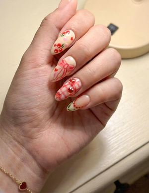 Press On Nails Adhesive Tabs – Cherry Heart & Pink Ribbon Nude Press On Nails, Handmade Valentine Fake Nails Sweet Romantic Nail Art | OB24L