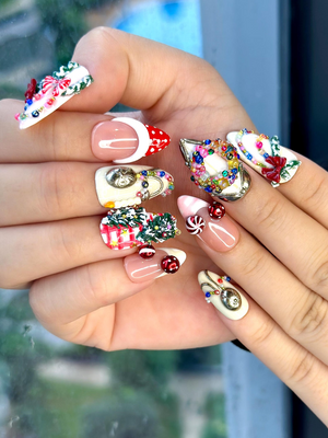 Merry Knit Christmas Press On Nails | 3D Bow Christmas Nail Art | Green Red Holiday Press Ons | Festive Handmade Set | OB220EC