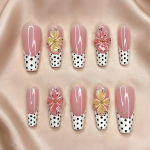 Retro Polka Dot Press On Nails | 3D Floral French Tip | Y2K Pastel Summer Nails | Bold Party Vacation | Custom Shape Handmade Set | OB1353DK