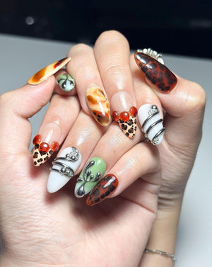 2026 Trend: Biomorphic Amber & Moss Nails | Tortoiseshell Cyber-Grunge Press Ons | Liquid Metal Silver Art | Earth-Tone Future Nails| OB363IC