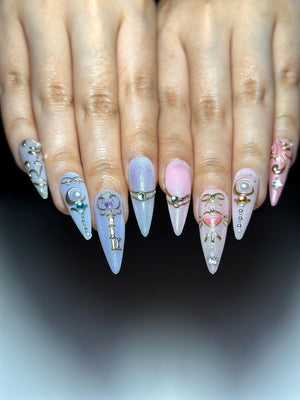 Pastel Cat Eye Press On Nails | Pink Purple Ombre Nails | Cute Heart Bow Nail Art | Elegant Gold Detail Nails| Fairycore Press Ons| OC1307HC