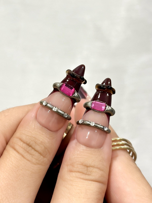 Gothic Ruby Witch Press On Nails | Red Black Sorcery Nail Art | 3D Ring Accents & Mystic Symbols | Luxury Dark Glam Set | OB1202EC