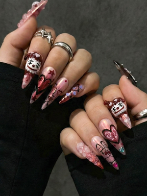 Gothic Valentine Clown Heart Press On Nails for Dark Romance Girls, Handmade Long Pink Chrome Fake Nails, Alternative Love Nail,OB278EC