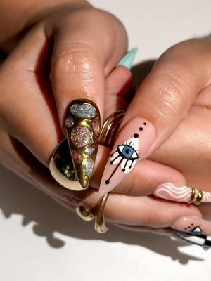 Gilded Luxury Colorful Press On Nails | Eye Art Gold Ring Nails | Handmade Nude Stiletto Nail Art | Luxury Statement Press Ons | OB302EC