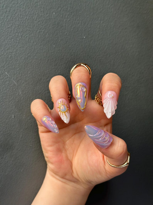 Iridescent Sunshine Press On Nails | Golden Sun Nail Art | Sunshine & Waves with Gold Accents | Handmade Unique Nail Set | OB1098HC
