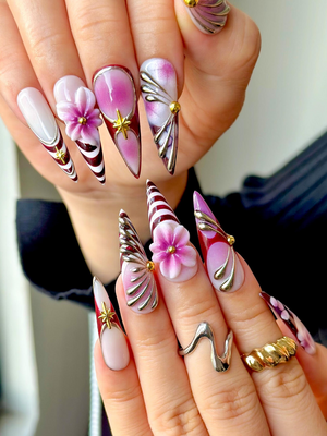 Elegant Violet Floral Press On Nails | Purple Chrome Floral Nails| Elegant Holiday Nails | Luxury Gradient Press Ons | OB211EC