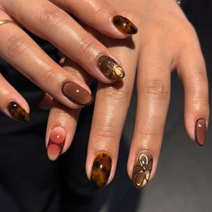 Autumn Burgundy Tortoiseshell Press On Nails | Gold Orchid Accent Nails | Gradient Fall Nail Art | Elegant Autumn Nail Set | OB187EC