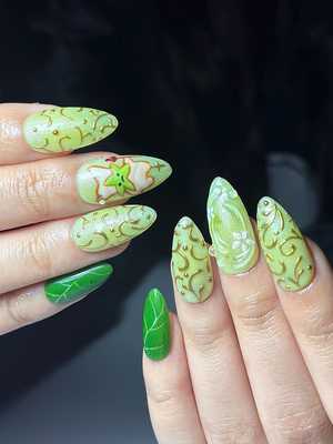 Korok Forest Press On Nails | Legend of Zelda Inspired Nails | Cute Green Fantasy Nail Art | Korok Leaf Nails | Game Press Ons | OB325HC