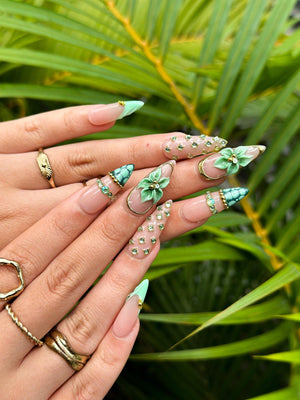 Jade Green Press On Nails with 3D Flower and Gold Detail | Elegant Floral Nails in Almond Shape | Luxury Nails | OC342NC