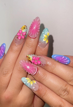 Tropical Bloom Press On Nails | 3D Flower Summer Nails | Colorful Citrus Slice Nails | Hand Painted Floral Nails | Vacation Nails | OB319H