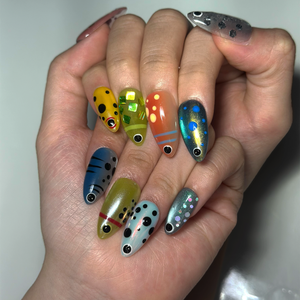 Summer Alien Eye Chrome Press On Nails, Summer Short Almond Abstract Nails, Beach Party Nails For Cute Funky Vacation Outfit Photos| OB420LC