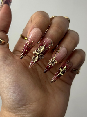 Golden Red Press On Nails | Burgundy & Gold Floral Nail Art | 3D Metallic Flower Design | Luxury Nail Set | Long Stiletto Press Ons| OC878HC