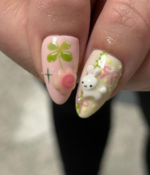 Kawaii Cute Press On Nails by DoryNails | Pastel Bunny Clover 3D Press Ons | Sakura Bunny Fake Nails | Kawaii Spring Nail Art | OB827YC