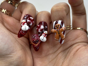 Gingerbread Red Christmas Press On Nails | 3D Christmas Cookie Nail | Peppermint & Snowman Holiday Nails| Red Glitter Festive Nails |OB216HC
