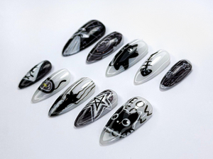 Alien Cat-Themed Press-On Nails | Cute Creepy Goth Nail Art | Cat Alien Aesthetic | Black Cat & Star Nail Set | Horror Nails | OB736HC