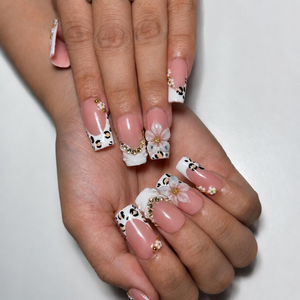 Luxury Leopard Press On Nails | Pearl Flower Nude Nail Set | Elegant French Tip Nails | Quiet Luxury Animal Print Nails | OC450J