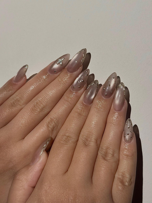 Luxury Cat Eye Press On Nails, Luxury Gold Foil Trim Fake Nails, Elegant Nude Shimmer Nails for Wedding and Formal Events, OC1293HC
