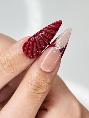 Deep Lily & Crimson Ripple Nails | 3D Floral Dark Red Press Ons | Luxury Moody Romantic Burgundy Stiletto Art | OB370IC