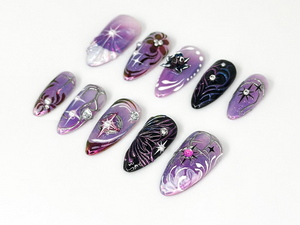 Galaxy Glitter Purple Press On Nails | Galaxy Star Nail Art | Metallic Purple Nails | Elegant Nail Set | Holographic Star Nails | OB671HC