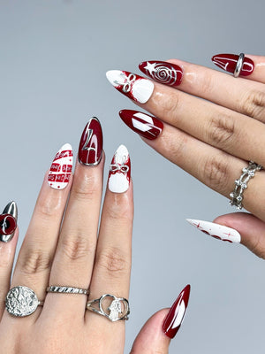 Kpop Inspired Cupid Voyage Nails | 7 Spirit Arirang Love Muse Press Ons | Red White Silver Retro Pop Nails | Coquette Fandom Nails| OC358IK