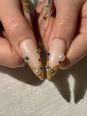 Luxury 3D Jewelry Press On Nails, Gold Filigree and Blue Gemstone False Nails, Royal Core Stiletto Nails for Gala or Wedding | OB1022HC
