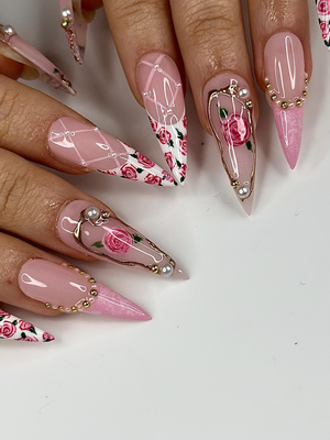 Vintage Rose Stiletto Press On Nails | Pink Rose Bridal Nails for Women | French Tip Floral Nails | Pearl Gold Nail| Romantic Nail |OB1276HC